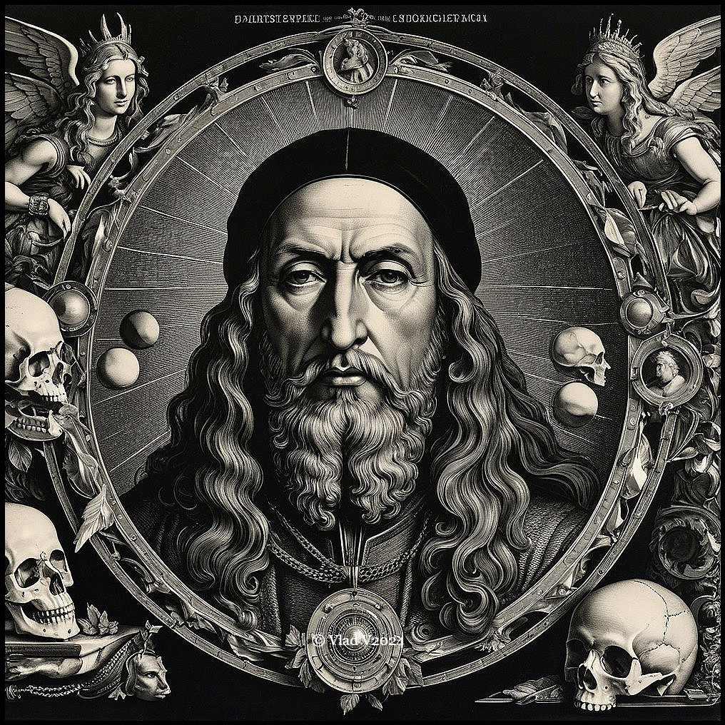 Contemplative Figure Surrounded by Angelic Beings and Skulls