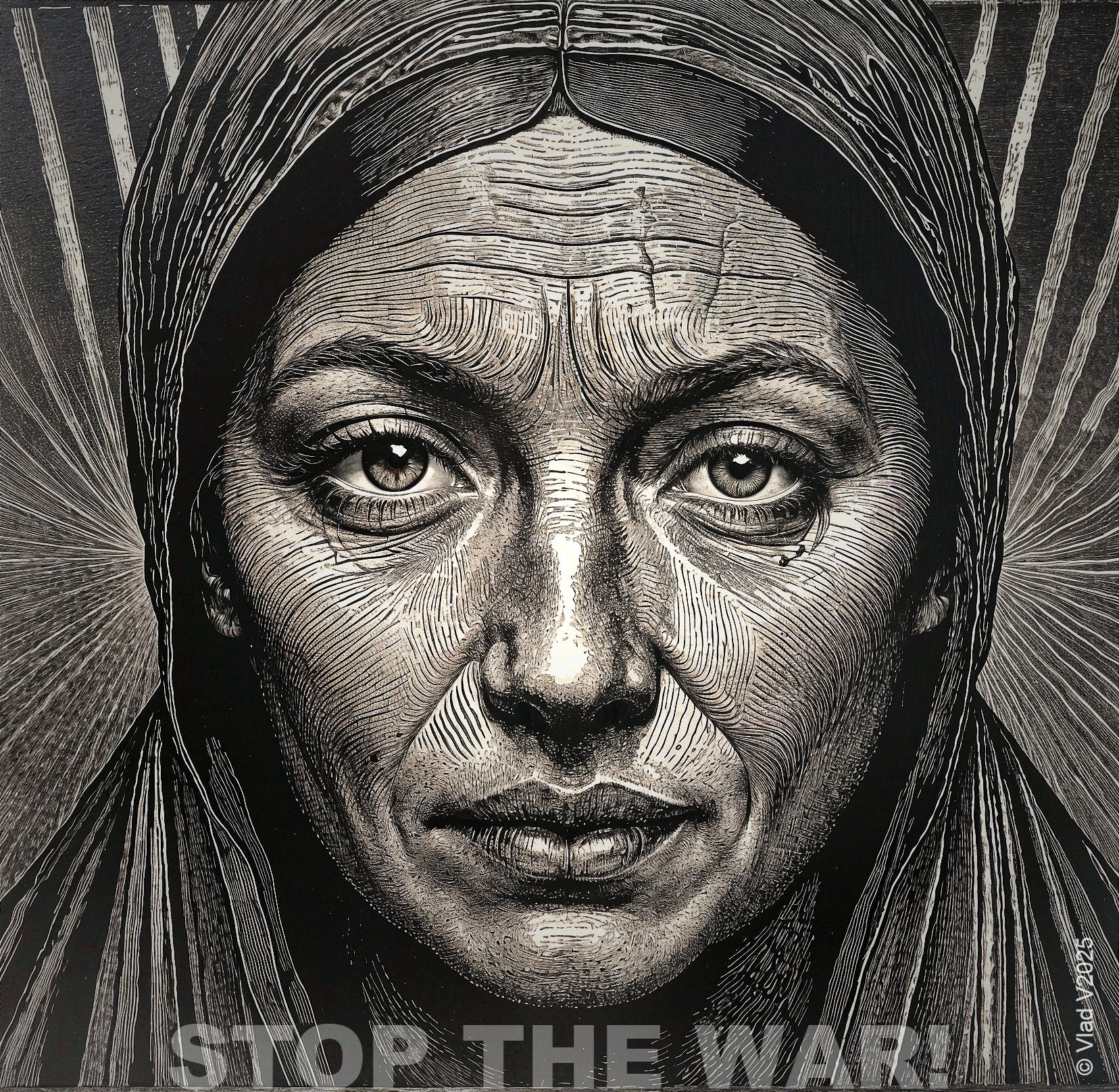 Black-and-White Portrait with Anti-War Message