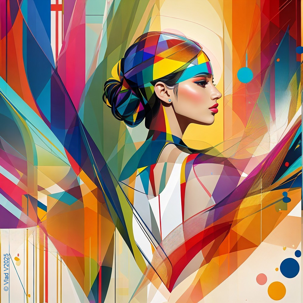 Stylized portrait of a woman in vibrant colors and shapes