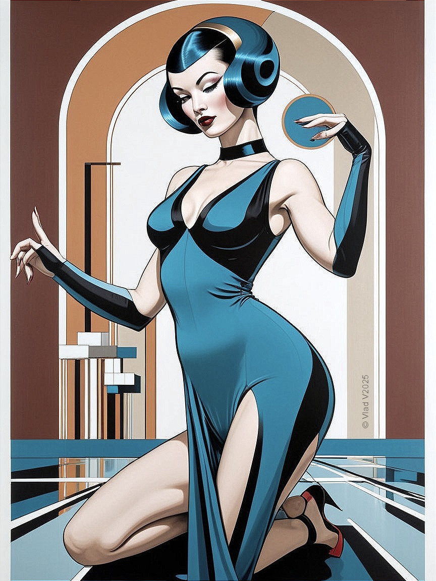 Stylized Illustration of a Glamorous Woman Kneeling