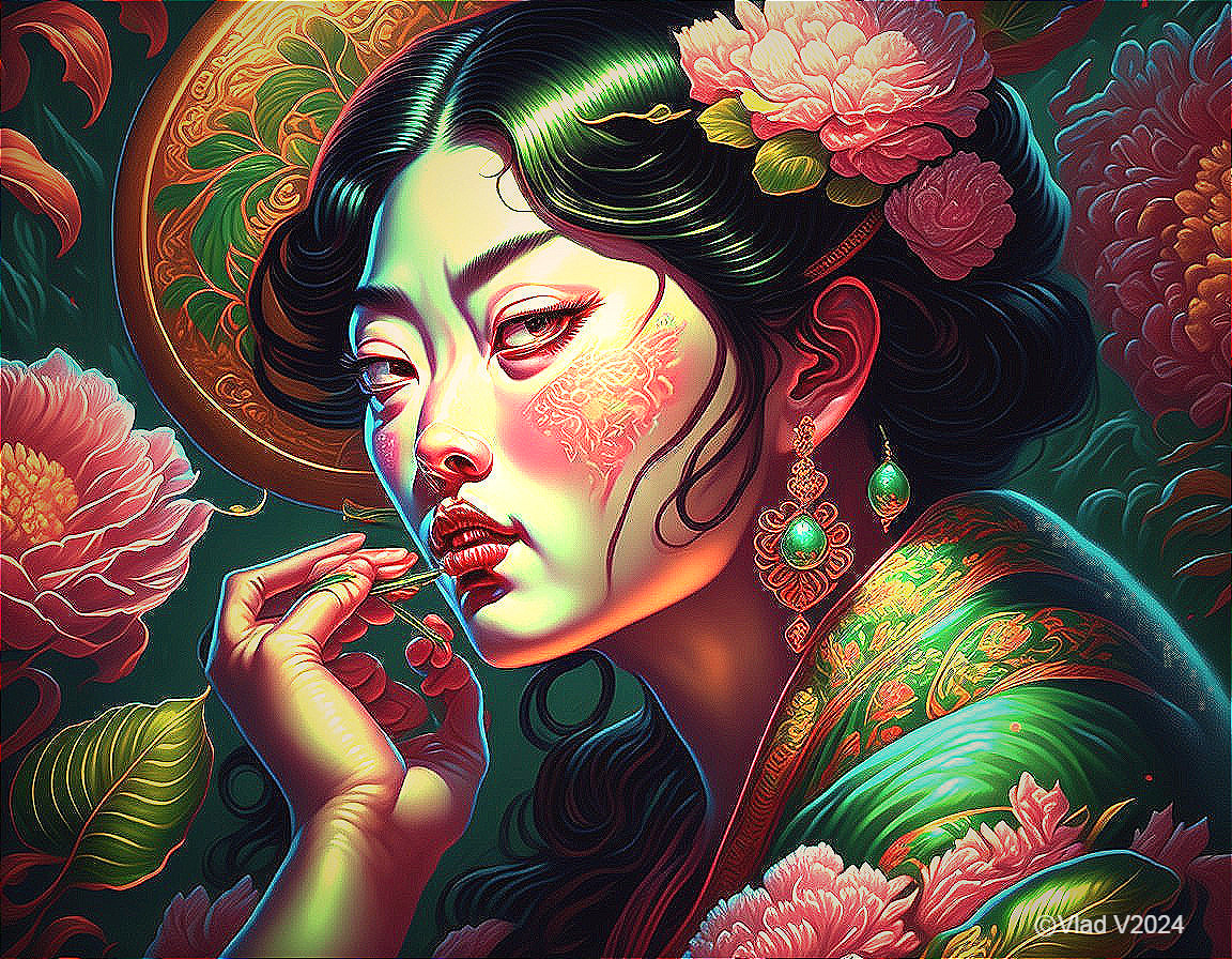 Portrait of a woman with floral elements and jewelry