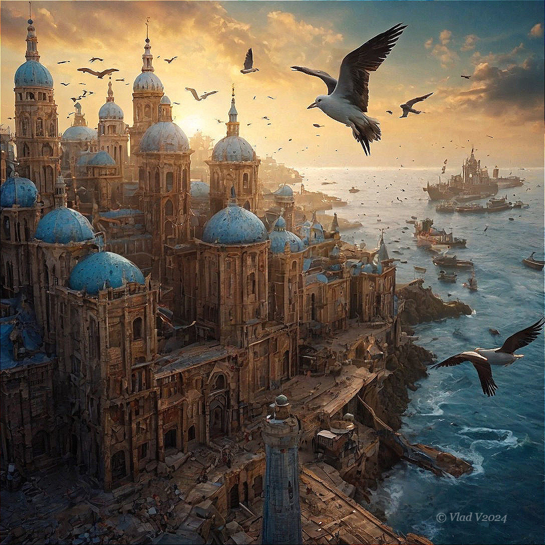 Coastal Cityscape at Sunset with Blue Domes