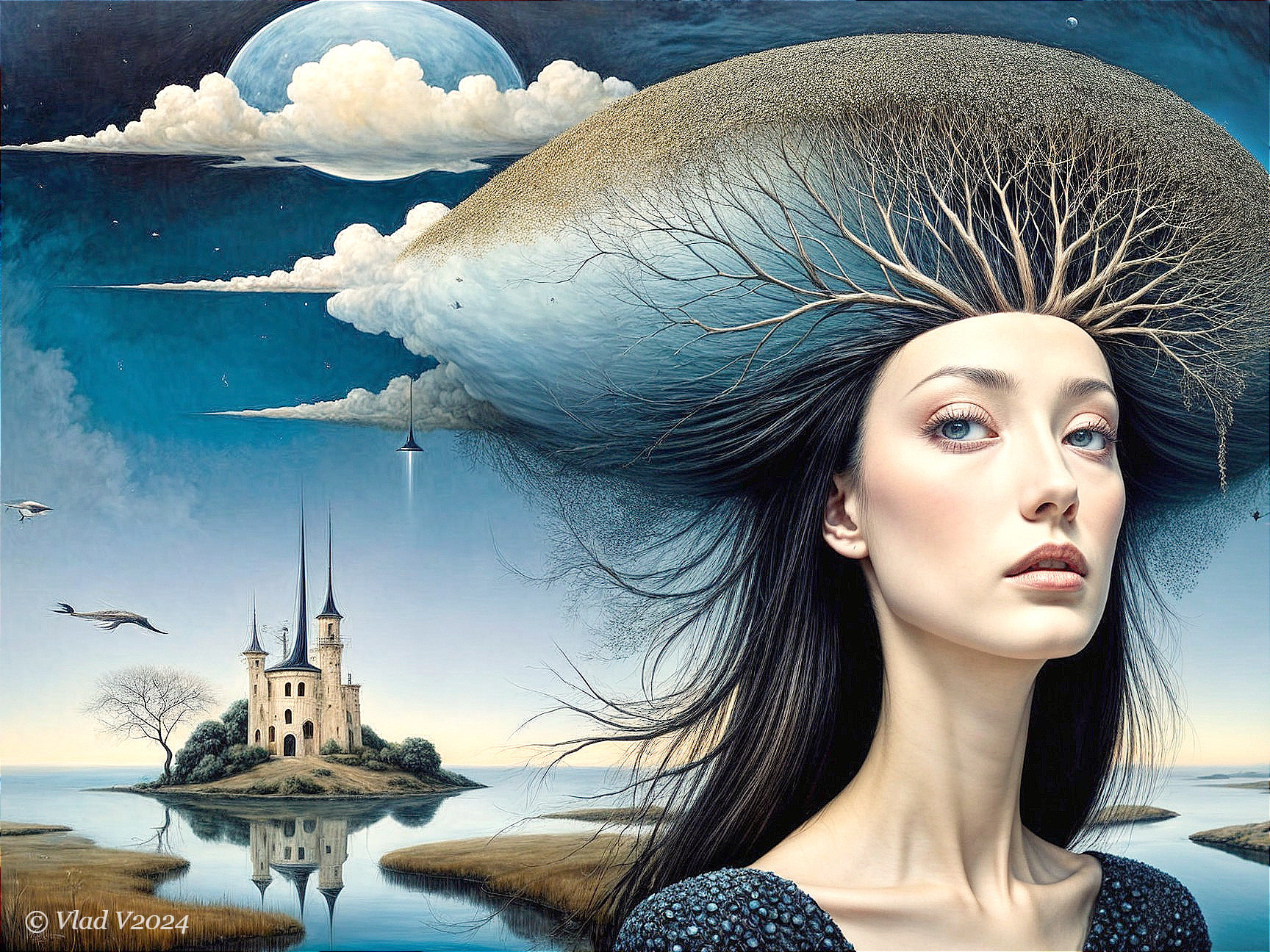 Surreal Landscape with Ethereal Woman and Castle