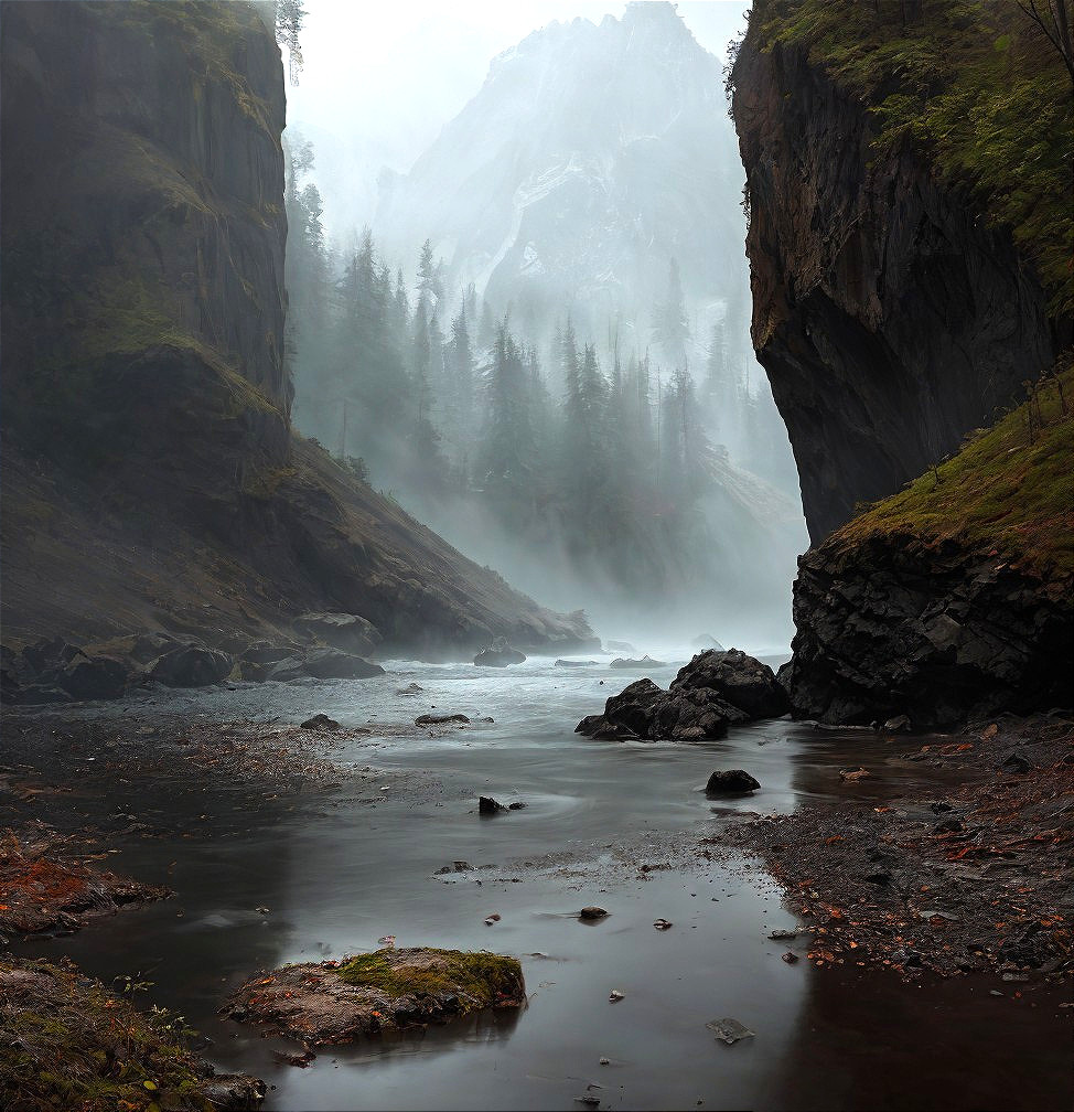 Misty River Gorge with Cliffs and Foggy Mountain