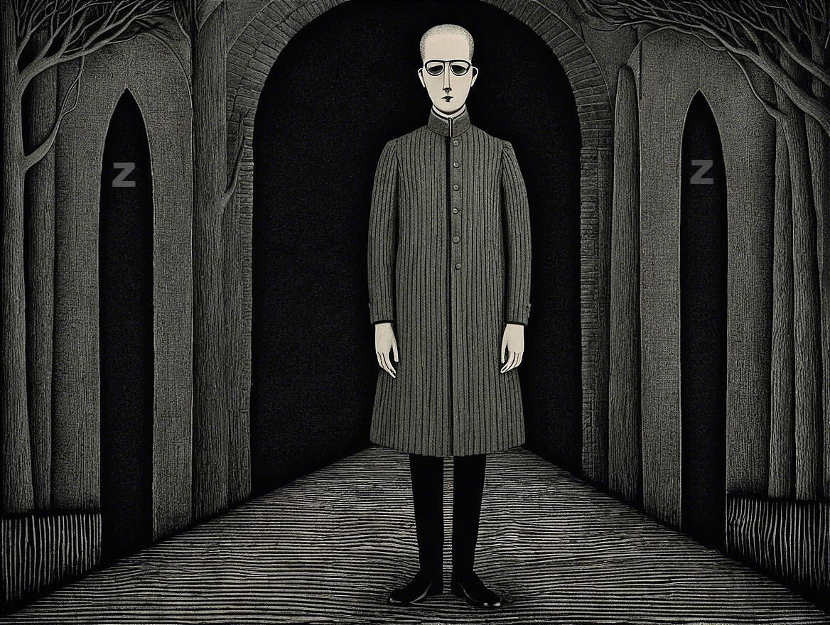 Tall figure in dark corridor with archways and trees
