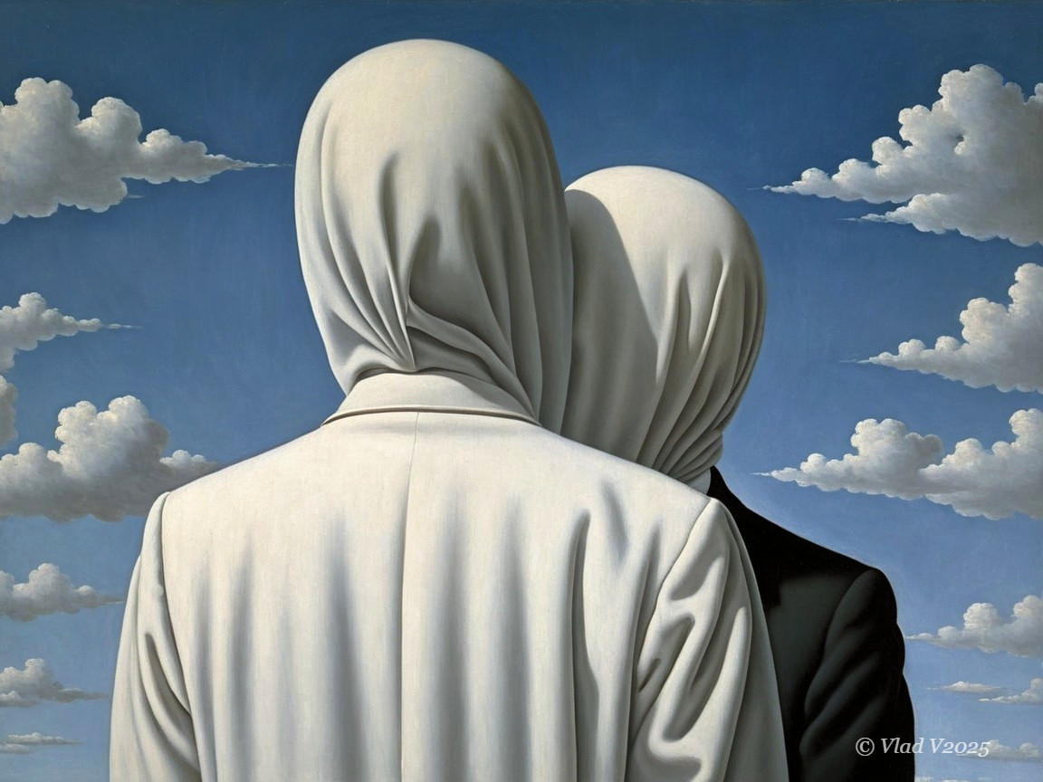 Figures in Cloaks Against a Blue Sky Background