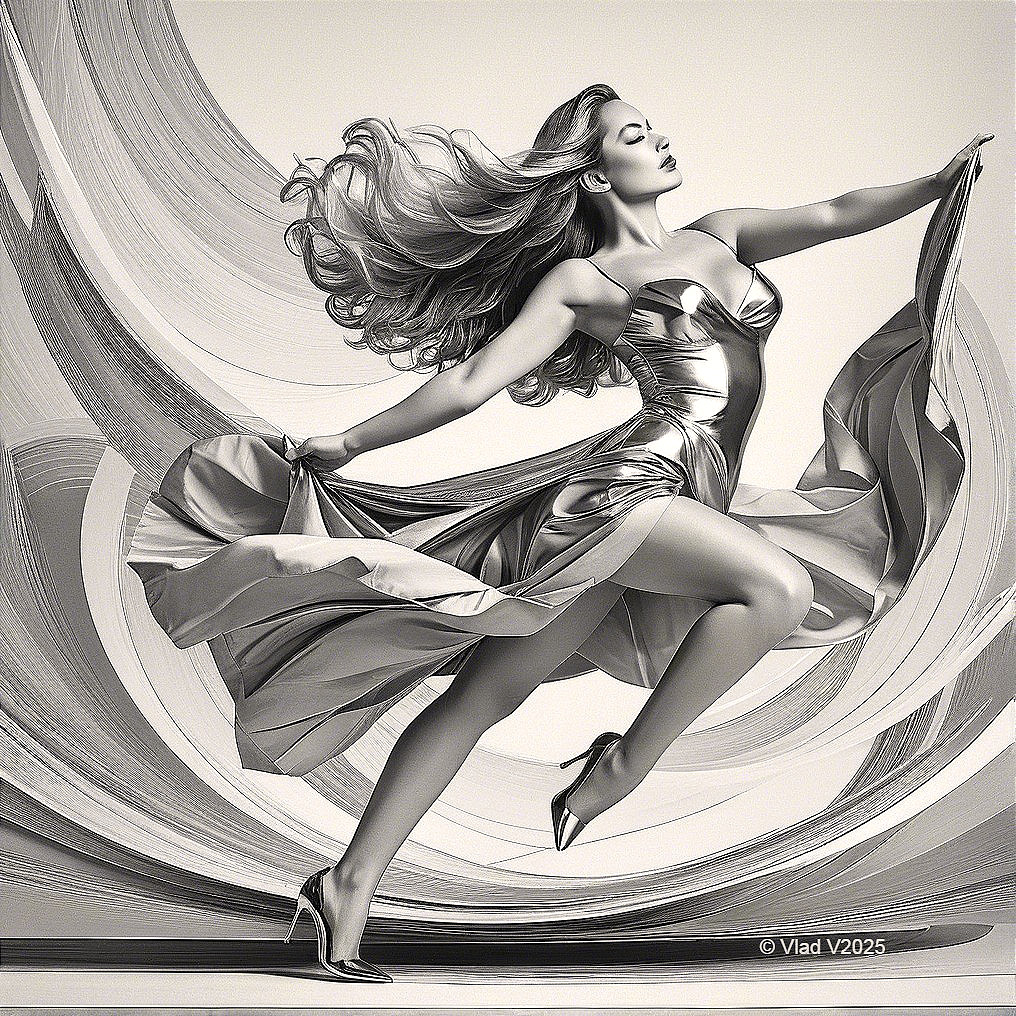 Monochrome Image of Woman in Flowing Silver Dress