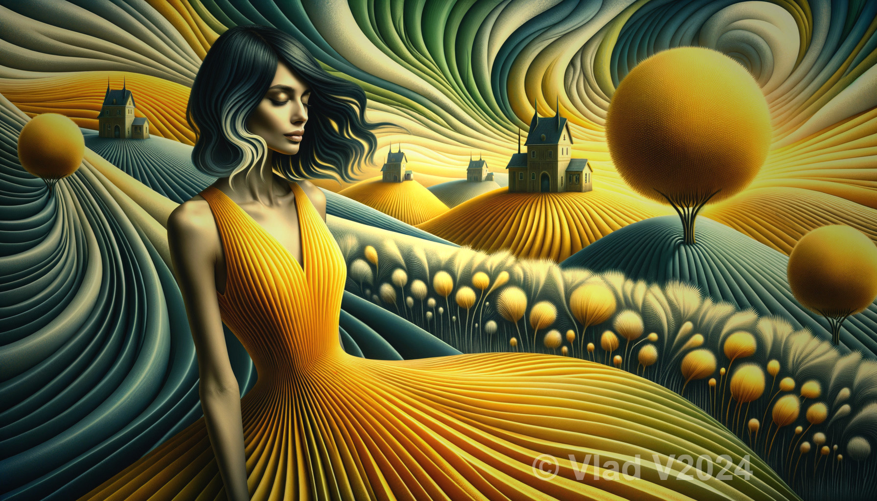 Surreal Landscape with Woman in Yellow Dress