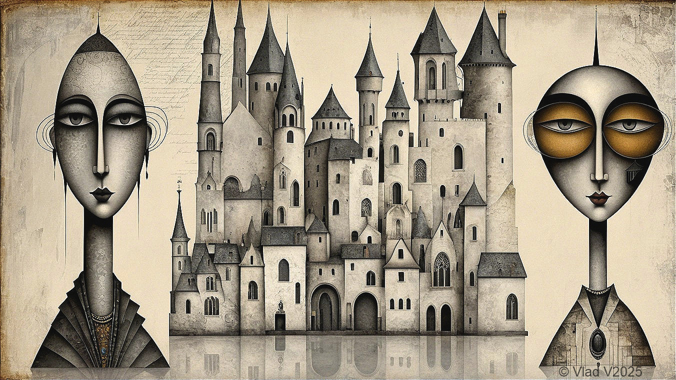 Stylized Figures with Whimsical Castle Background