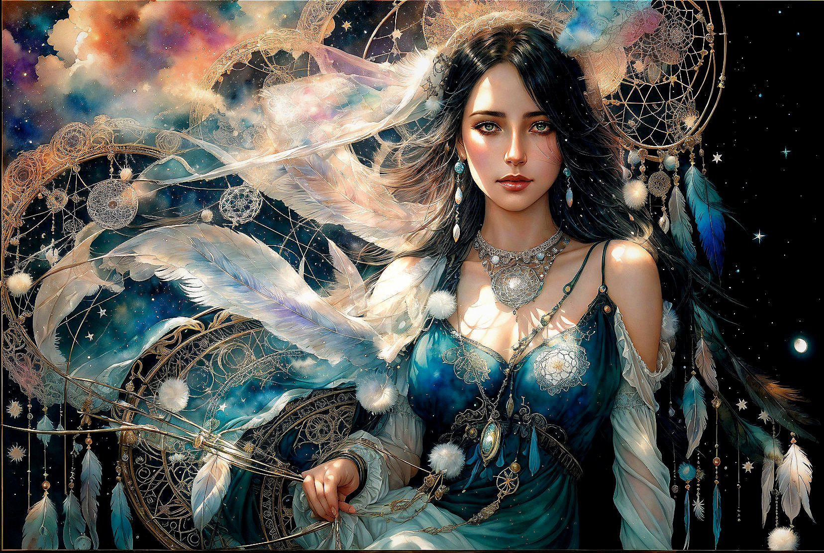 Fantasy artwork of woman with angelic wings and dreamcatcher in cosmic setting