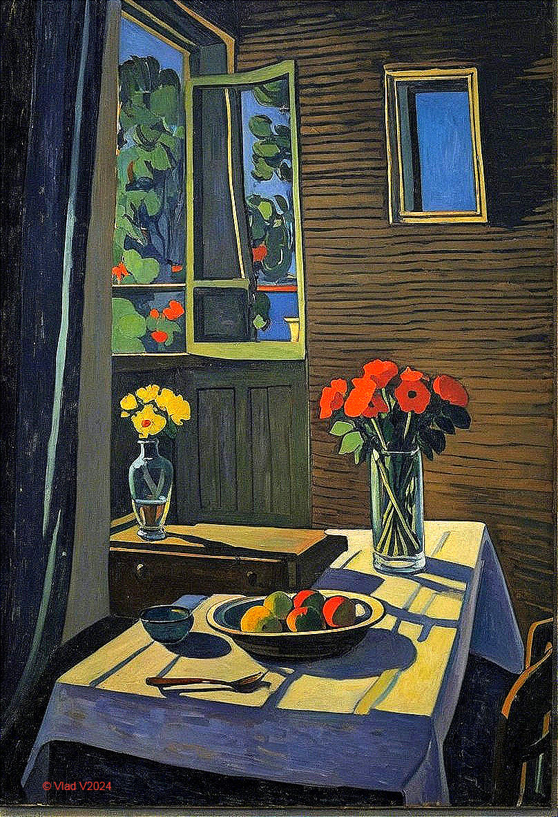 Sunlit Room with Fruits and Flowers in a Vase