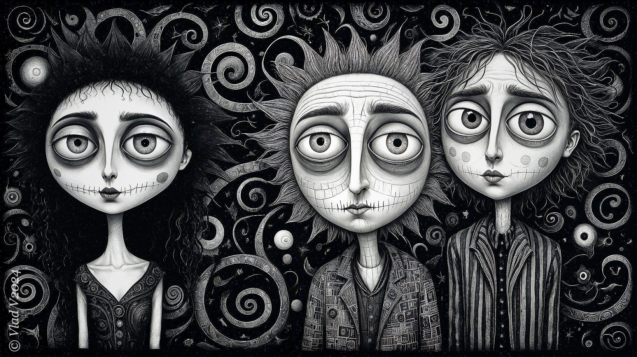 Three Stylized Characters in Whimsical Gothic Setting