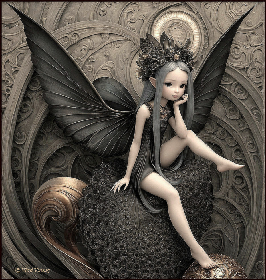 Whimsical Fairy Figure with Black Wings and Floral Crown