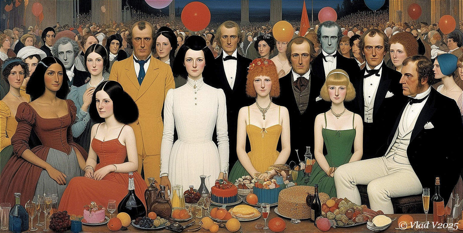 Grand banquet scene with elegantly dressed guests