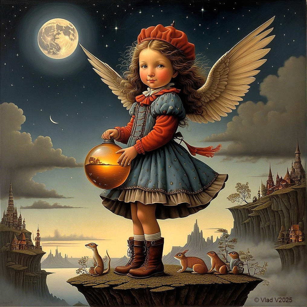 Whimsical Girl with Angel Wings on a Cliff at Night