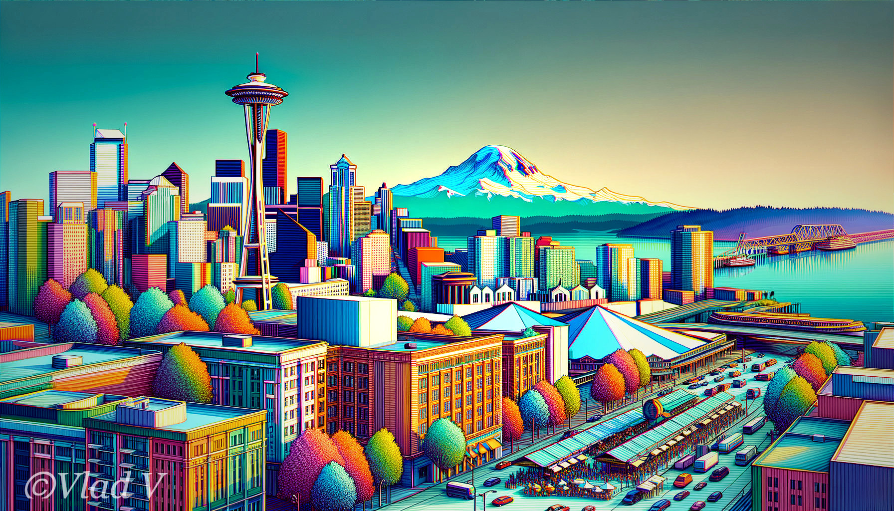 Vibrant City Skyline Illustration with Space Needle