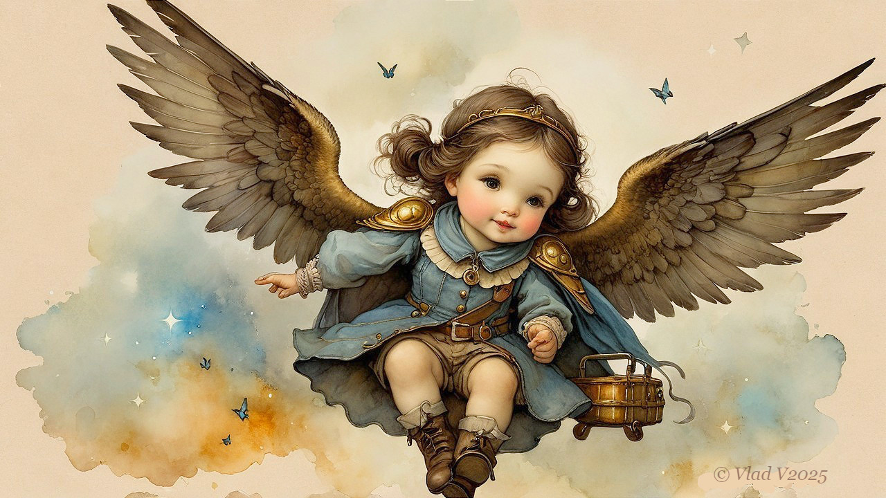 Whimsical Illustration of a Cherubic Child with Wings