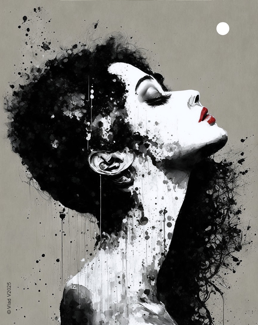Woman's Profile in Black Ink and Watercolor Textures