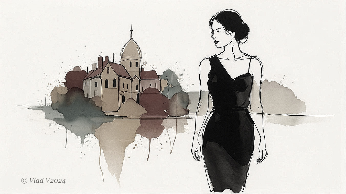 Stylish Woman in Black Dress with Watercolor Architecture