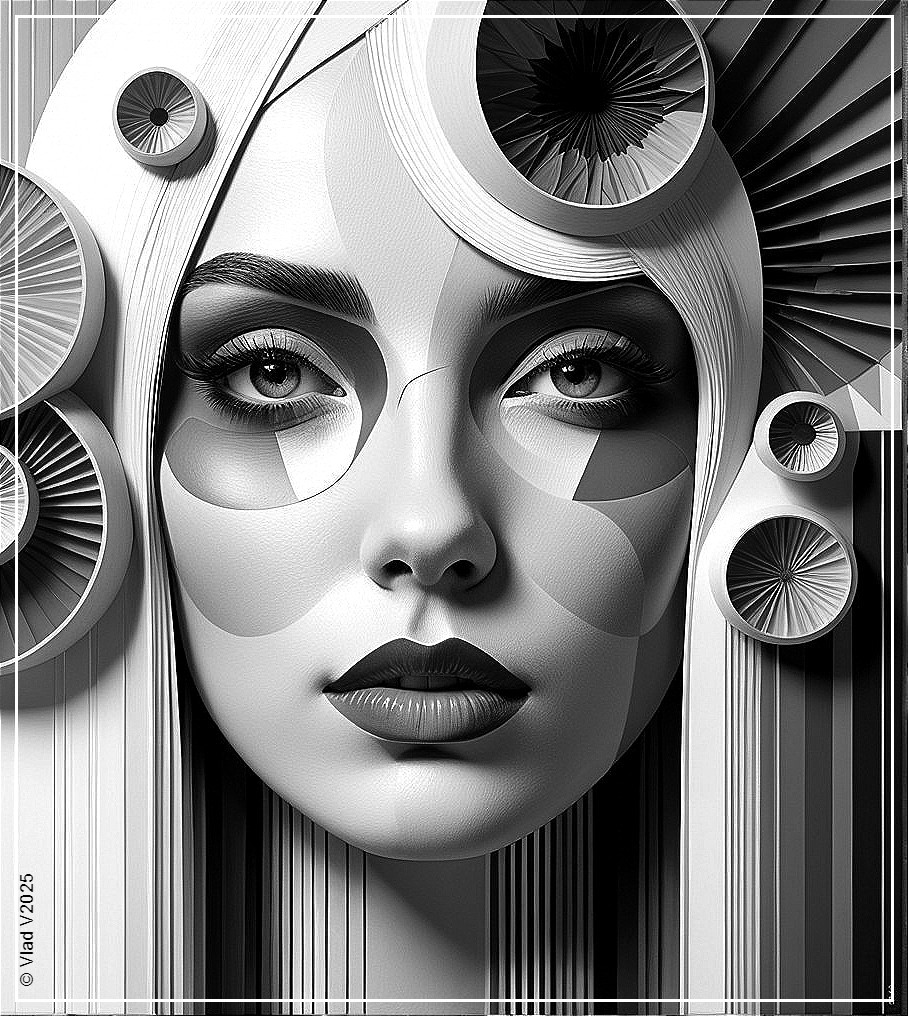 Black-and-white portrait with geometric patterns and textures