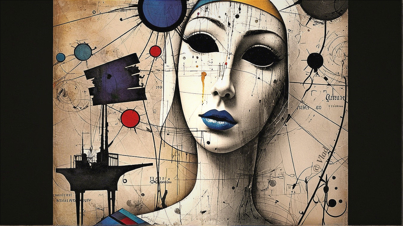 Stylized Female Face with Geometric Shapes and Ship Silhouette