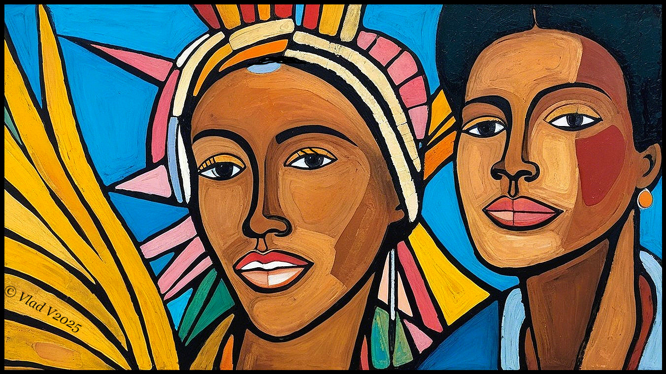 Vibrant Painting of Two Confident Women with Feathers