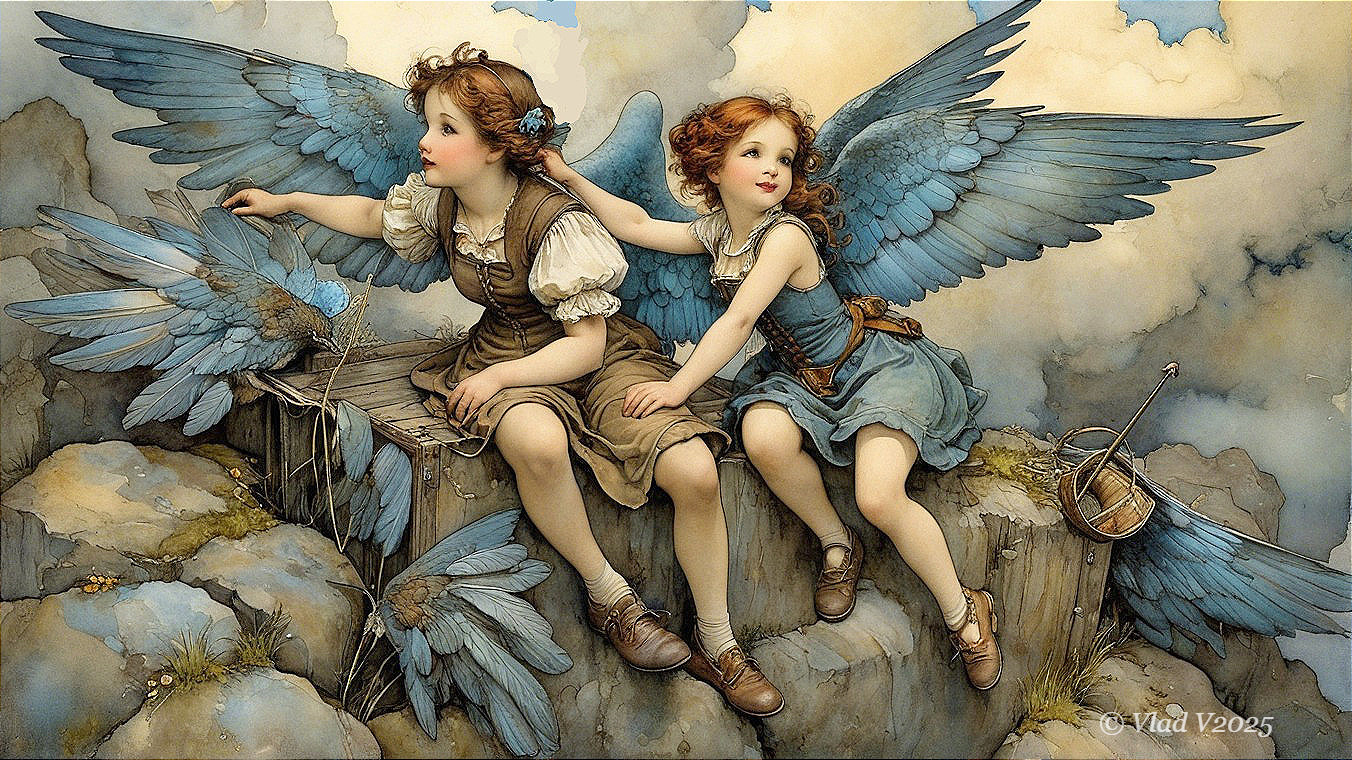Whimsical Girls with Blue Wings on a Rocky Outcrop