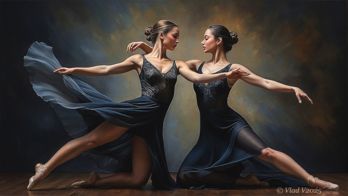 Ballet Dancers in Elegant Black Dresses in Dramatic Setting