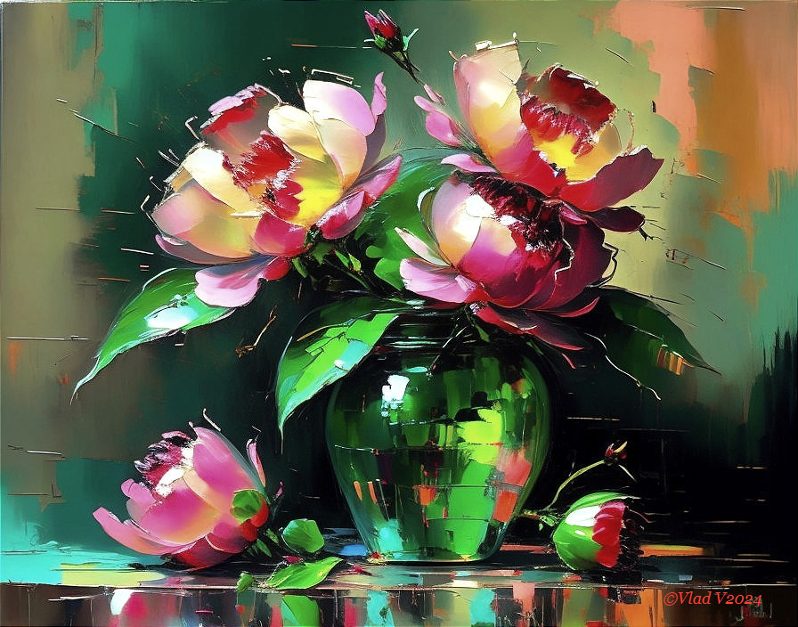 Vibrant Still Life of Peonies in Green Glass Vase