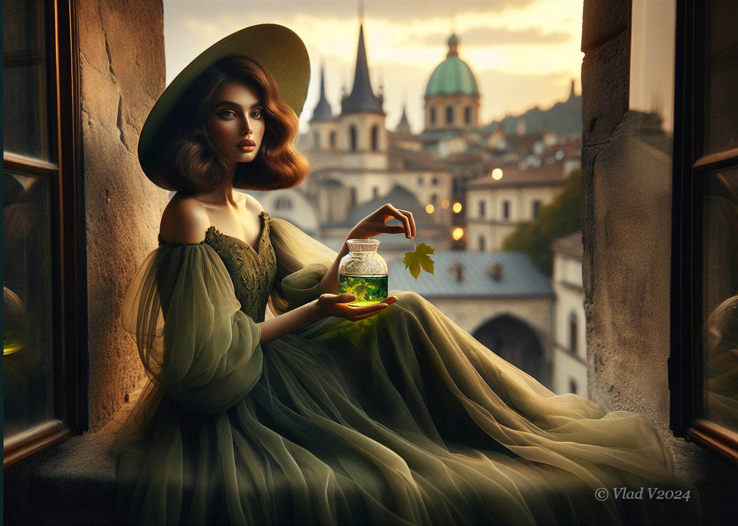 Young Woman in Elegant Gown by Window with Cityscape