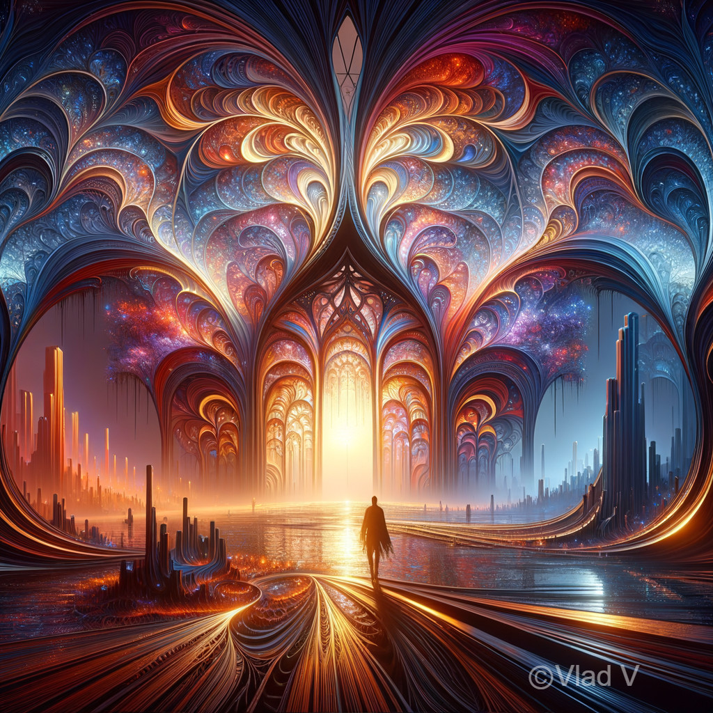 Surreal Gothic Cathedral Overlooking Futuristic Cityscape