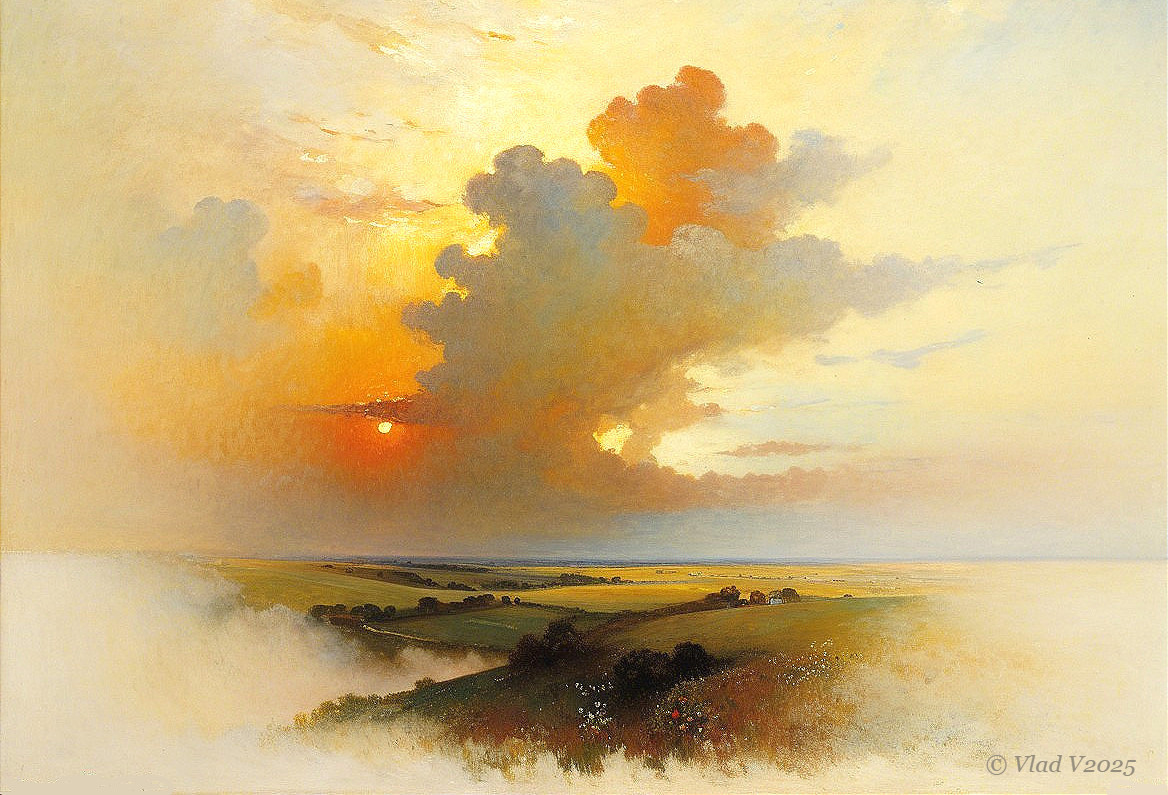 Serene Landscape with Sunset and Gentle Rolling Hills