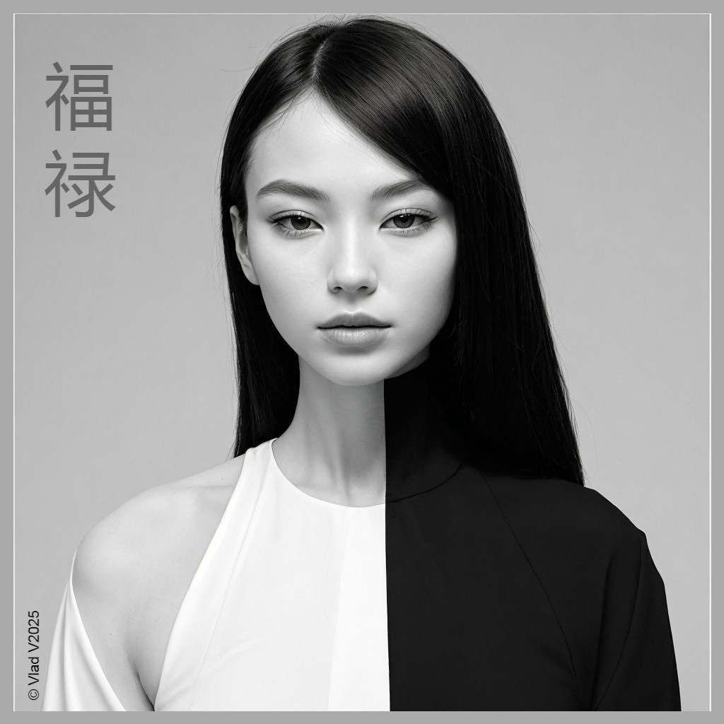 Black and White Portrait of a Young Woman with Duality