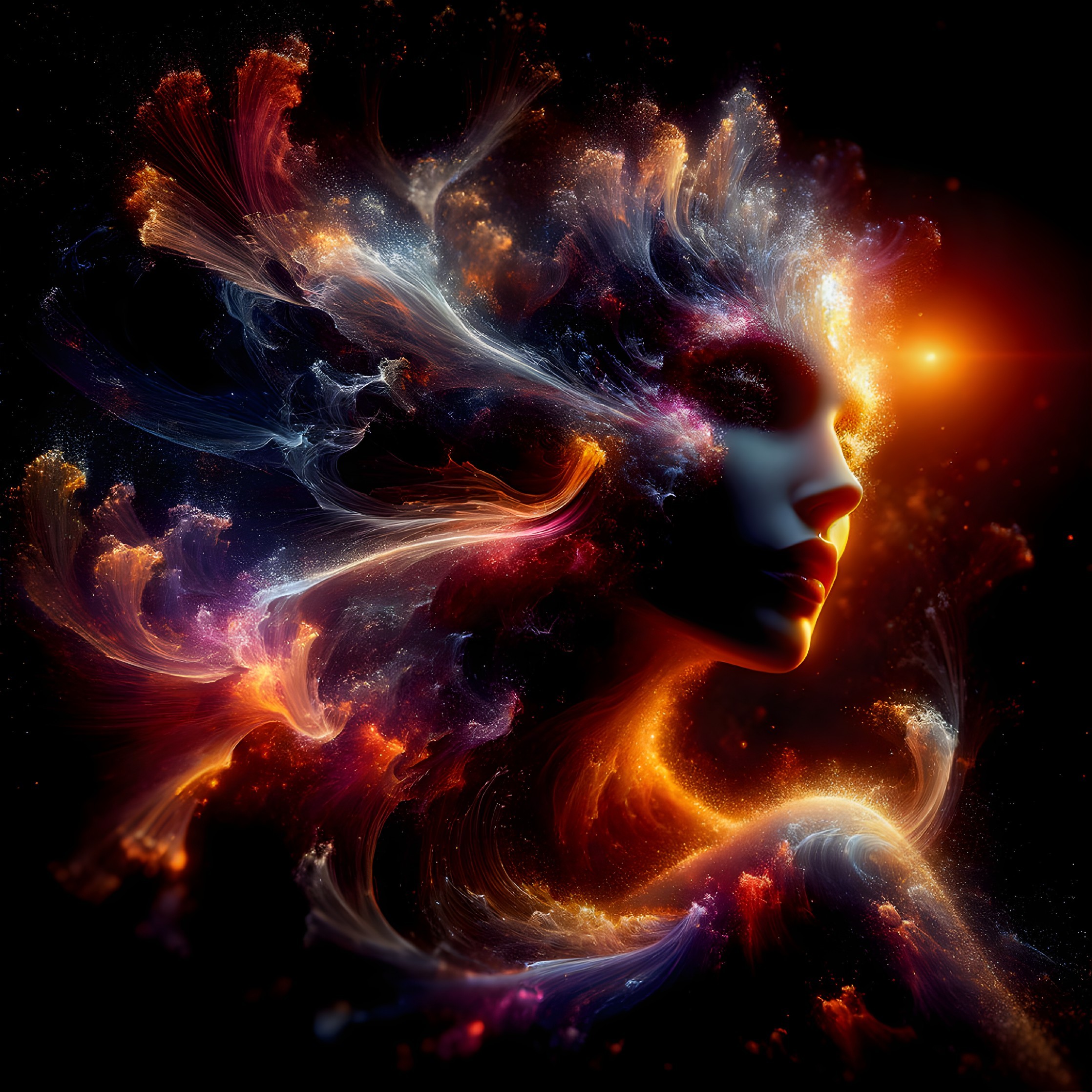 Side-profile human face merges with swirling nebulae and stars