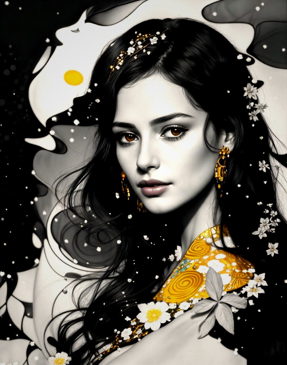 Monochrome portrait of a woman with yellow accents and floral motifs