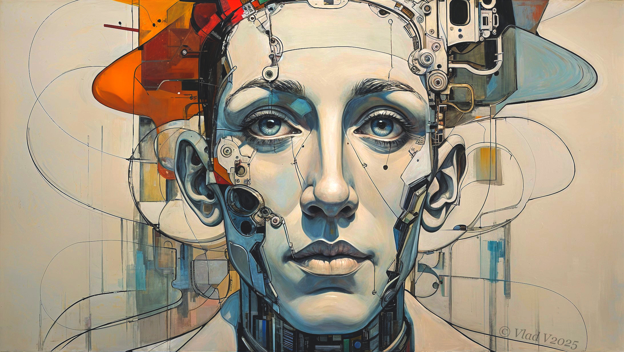 Portrait of a humanoid figure with mechanical features