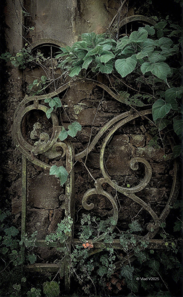 Wrought-Iron Gate Entwined with Vines and Stone Wall
