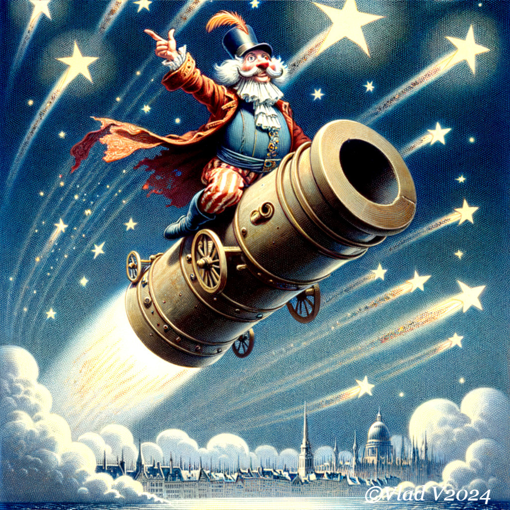 Whimsical Character Riding Cannon in Starry Sky