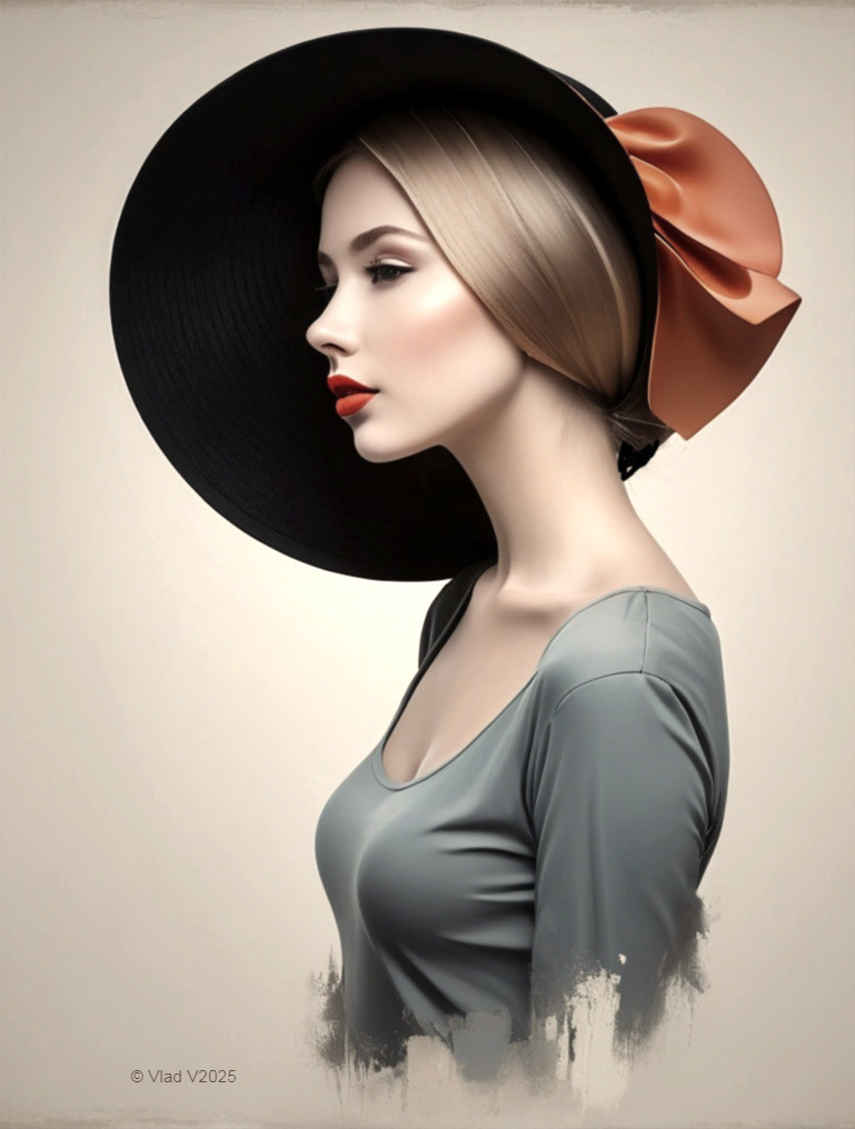 Elegant Woman in Profile with Black Hat and Gray Top