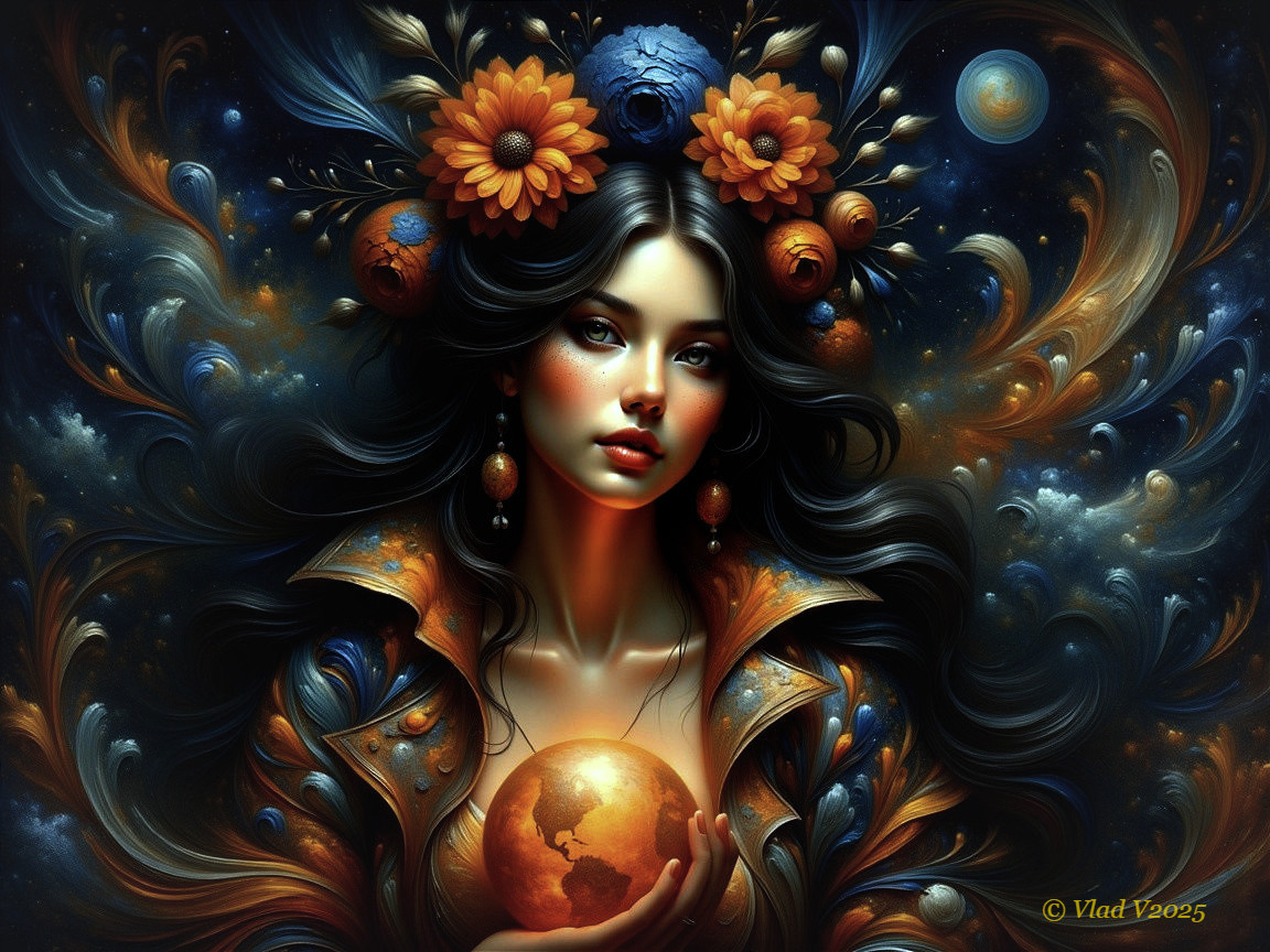 Woman with Floral Hair in Cosmic Background