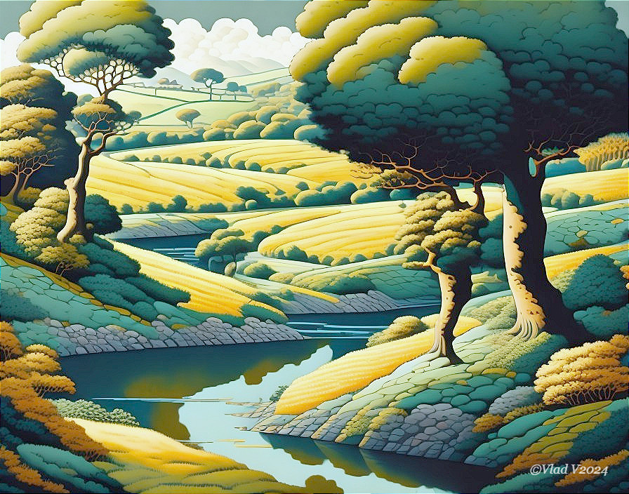 Serene Landscape with Rolling Hills and Gentle River