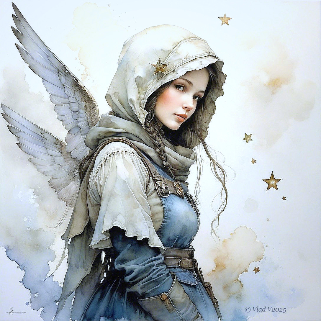 Ethereal Young Woman with Wings and Hooded Cloak