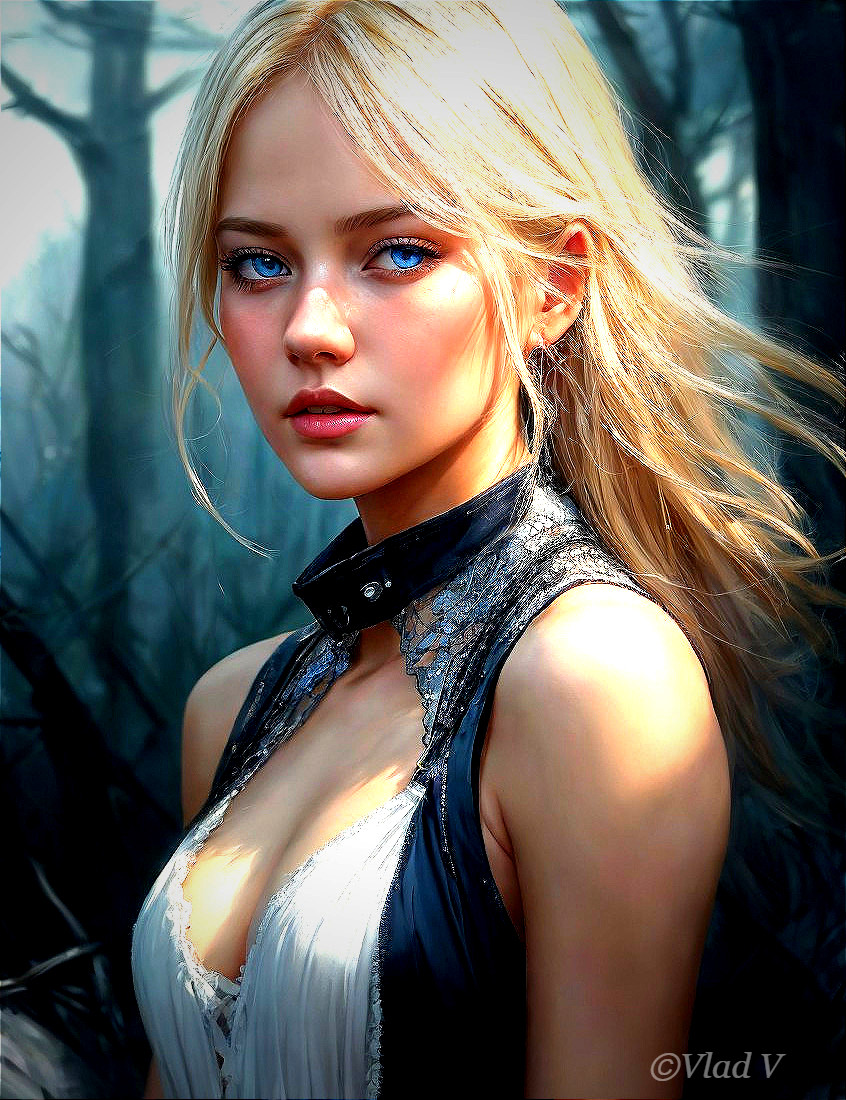 Young Woman in Dark Forest with Blonde Hair and Vest