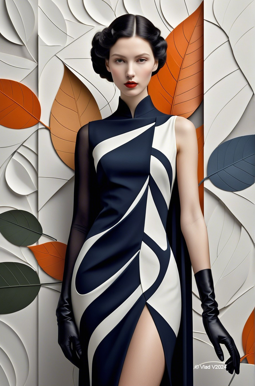 Fashion Model in Elegant Dress with Artistic Backdrop