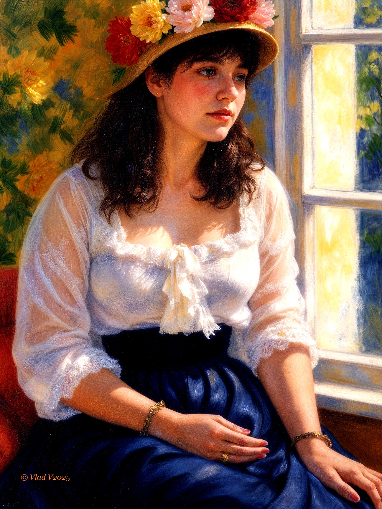 Young Woman in Floral Hat by a Window with Lace Blouse