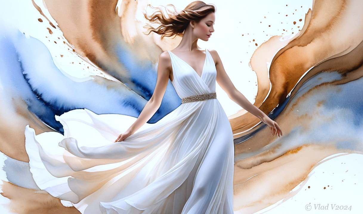 Elegant Model in White Gown with Watercolor Background