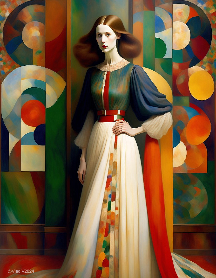 Portrait of a woman in a vibrant, patterned gown