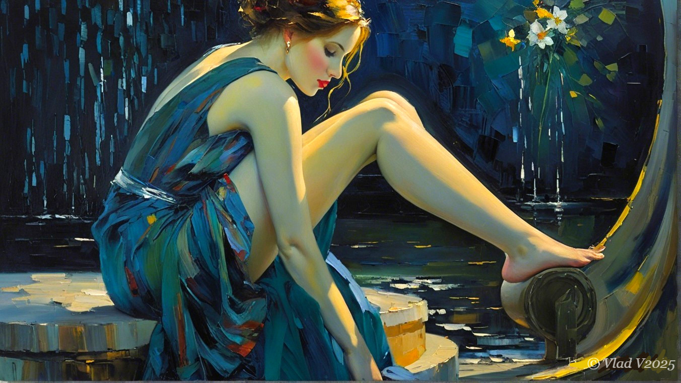 Woman in Colorful Dress by Tranquil Water Scene