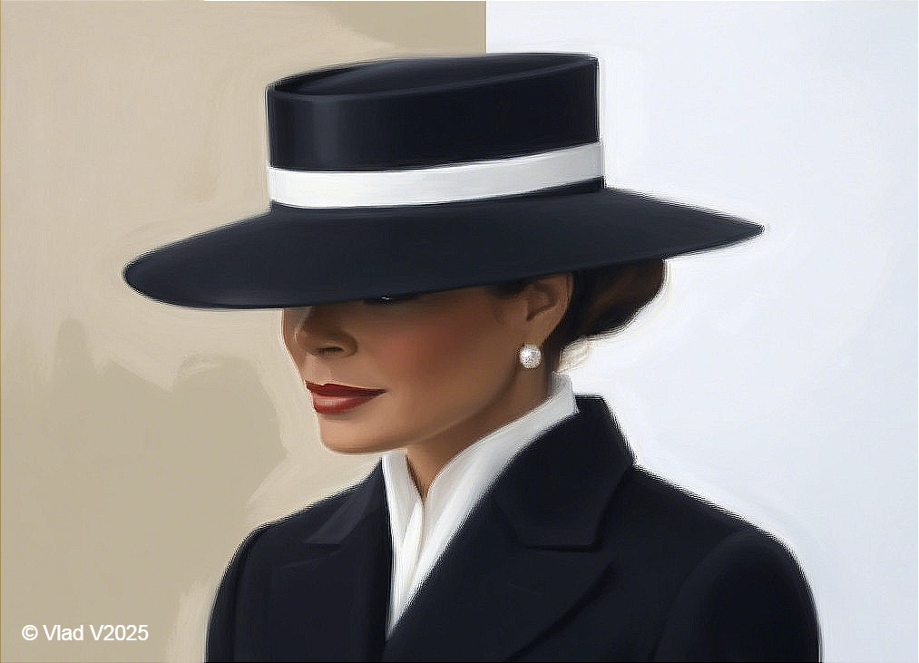 Stylish Woman in Black Hat and Elegant Attire