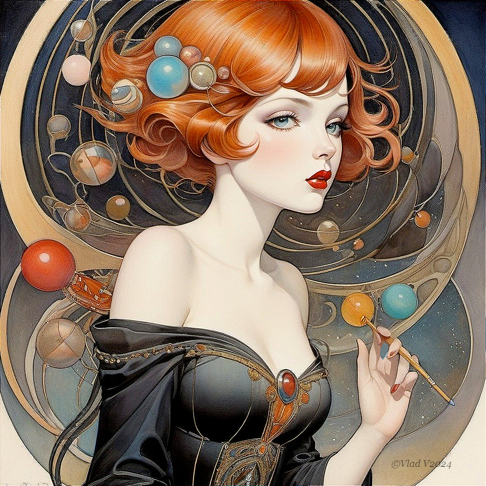 Cosmic-Themed Portrait of a Woman with Red Hair